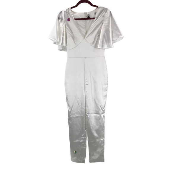LULU'S XS Forever Awaits White Satin Flutter Sleeve Jumpsuit NEW B126 *flaw - Picture 2 of 14